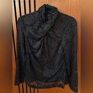 NWT Elie Tahari Black Lace High Neck Twisted Blouse Size L